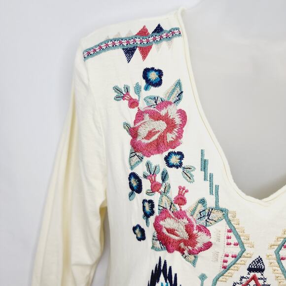 Johnny Was 3/4 Sleeve Cream V Neck Floral & Aztec Embroidery Sheer Back Top - Picture 6 of 13